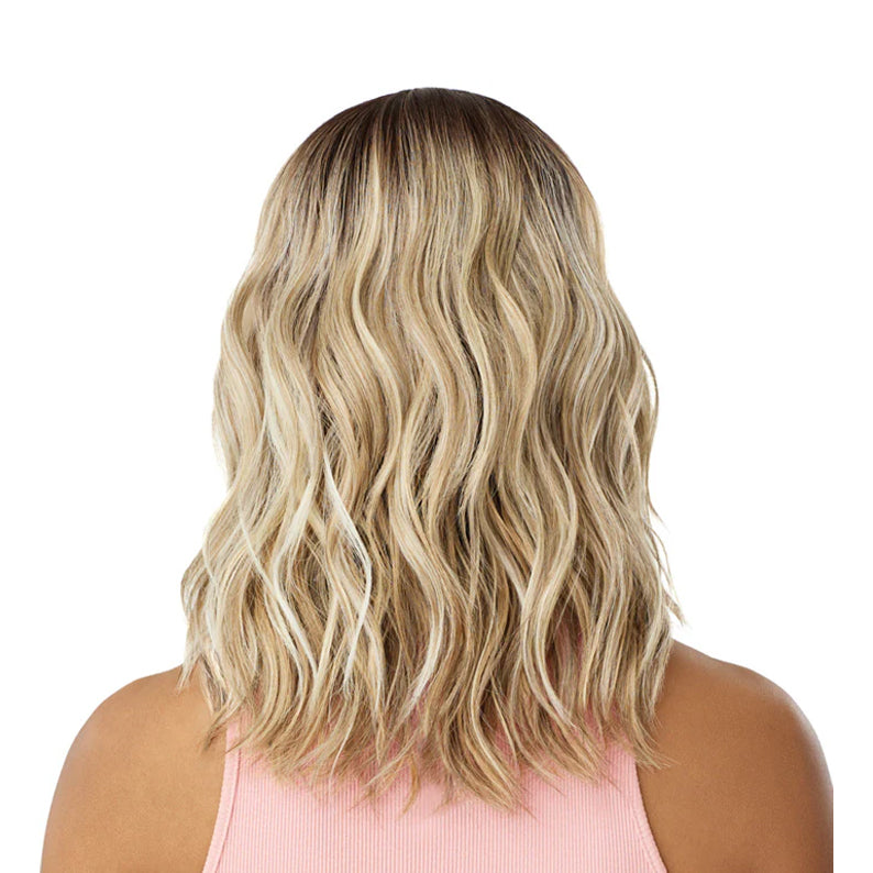 OUTRE wavy blonde synthetic hair wig 16 inch shoulder length with dark roots natural waves