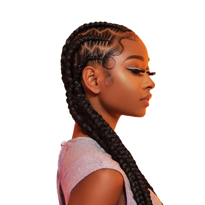 SENSATIONNEL pre-stretched braiding hair styled in long, neat cornrow braids on model