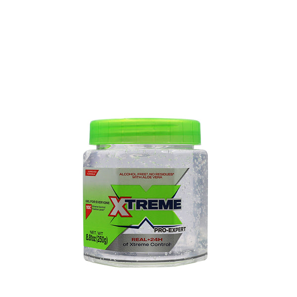 Xtreme Pro-Expert hair care gel with aloe vera in clear jar and green lid 8.8oz for styling control