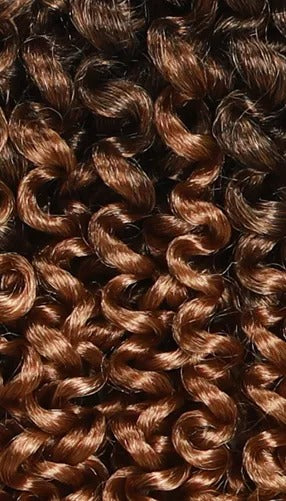 Close-up of brown yanky twist crochet hair braids by ROYAL IMEX with tight curls and shiny texture