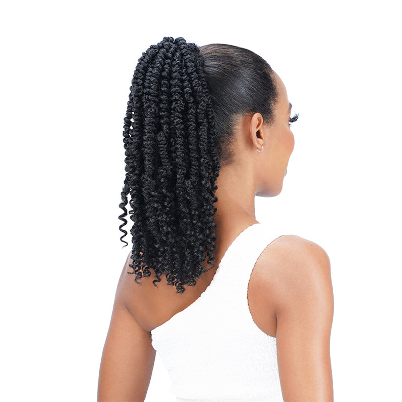 Zury drawstring ponytail black curly braid hair extension by Royal Imex on woman