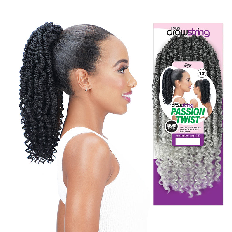 ROYAL IMEX Zury drawstring ponytail braid in black to gray ombre with curly passion twist hair