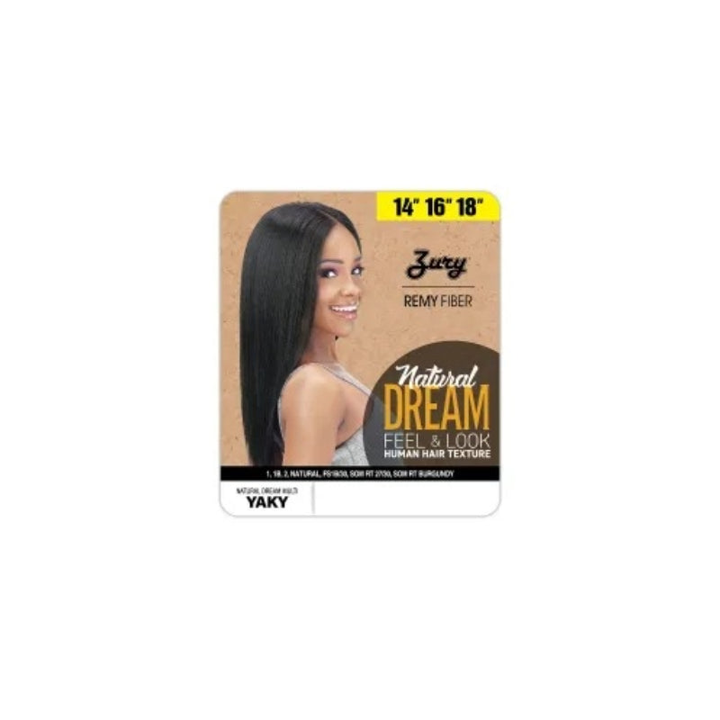ROYAL IMEX packaging showing a smiling model with long straight texture Natural Dream Multi Yaky hair extensions in 14 16 18