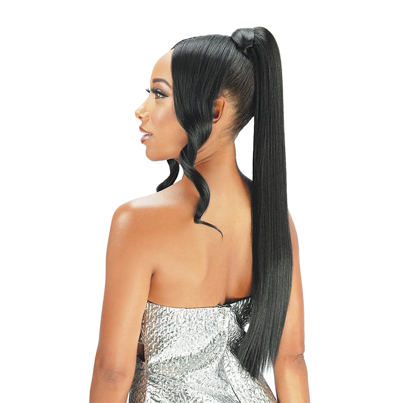 Zury drawstring ponytail with bangs by ROYAL IMEX sleek long straight high ponytail with face framing curled tendrils
