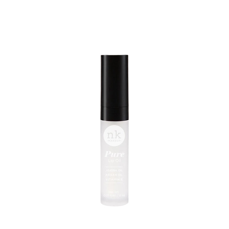 NICKA K Pure Lip Oil with Argan Oil and Vitamin E in sleek clear and black packaging