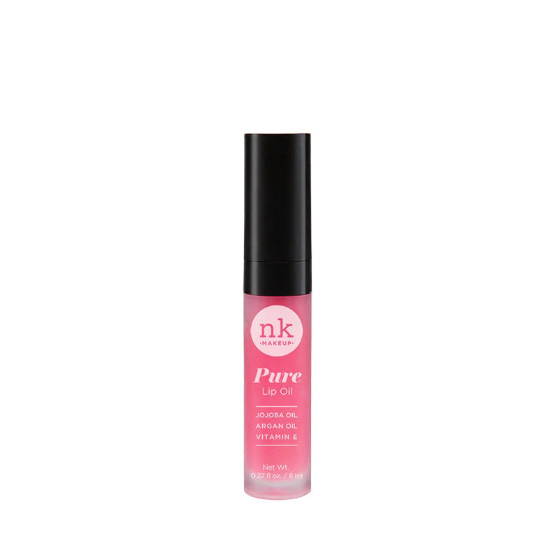 NICKA K Pure Lip Oil in pink tube with black cap featuring jojoba oil argan oil and vitamin E