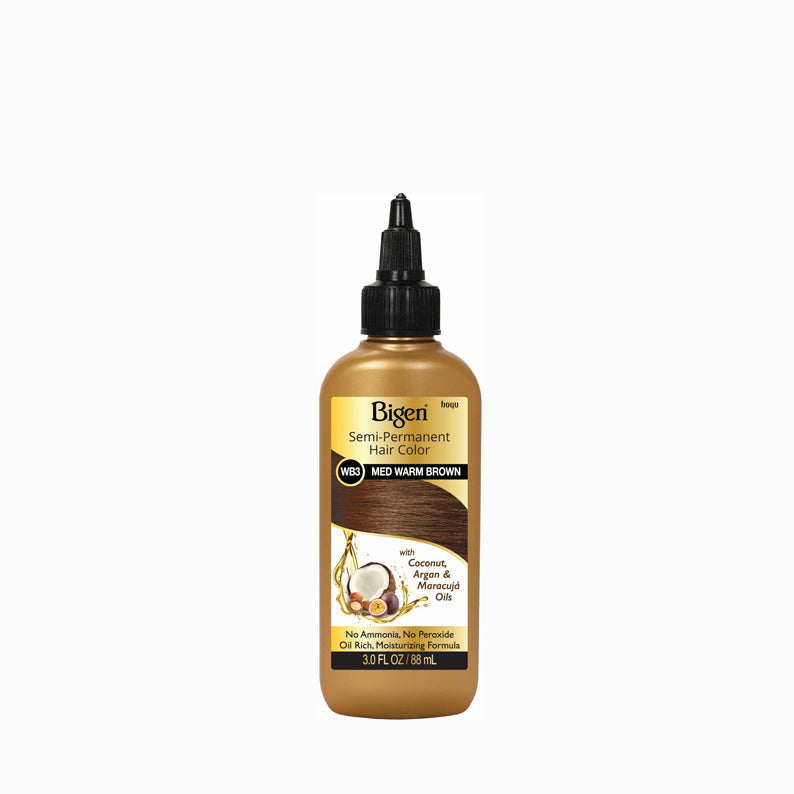 Bigen semi-permanent hair color med warm brown with coconut argan and maroccan oils in 3 fl oz bottle