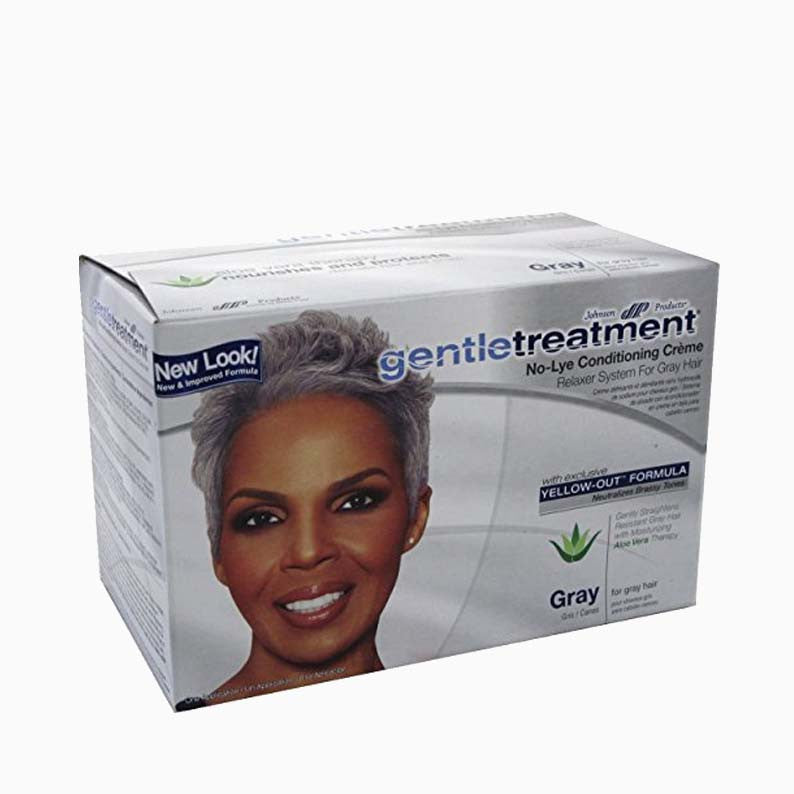 Gentle Treatment box showing smiling model and no-lye relaxer for gray hair conditioning creme system