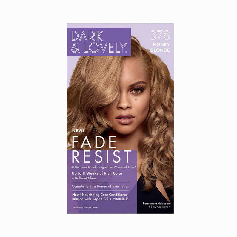 Dark and Lovely hair color kit in shade 378 Honey Blonde with fade resist formula and nourishing conditioner