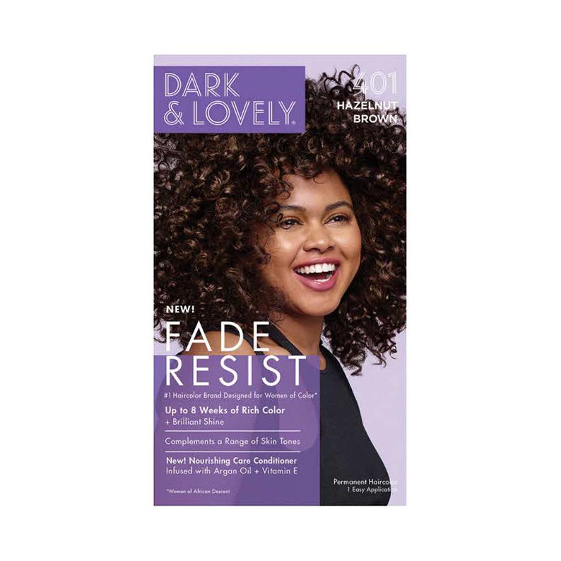 Dark and Lovely hair color kit in Hazelnut Brown with nourishing conditioner and long-lasting fade resist color
