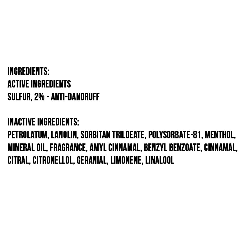 sulfur8 medicated anti dandruff conditioner label showing active sulfur 2 percent and inactive ingredients petrolatum menthol