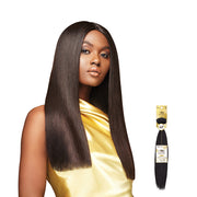 Outre 100% unprocessed human hair weave shown on a model with long straight sleek hair and golden satin top