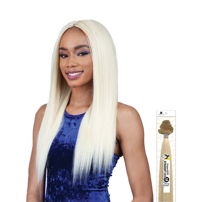 SHAKE N GO 30 inch straight synthetic wig in platinum blonde modeled on woman with blue dress