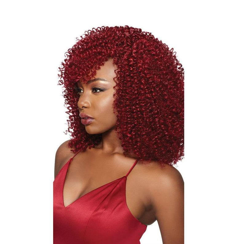OUTRE 3C whirly loop braiding hair in vibrant red styled on model with curly texture