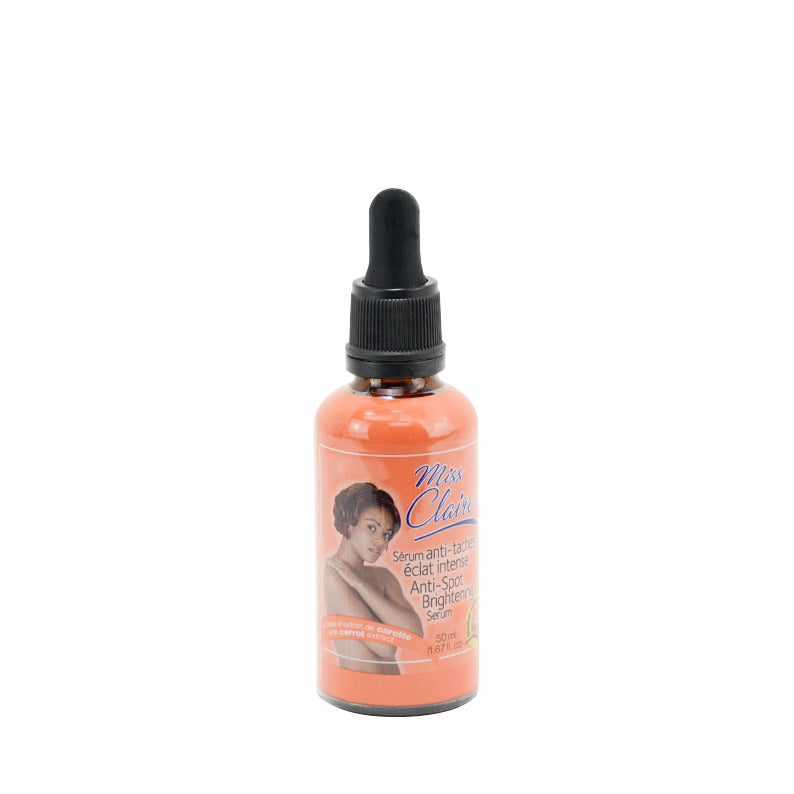 Miss Claire anti-spot brightening serum orange glass dropper bottle with label showing woman
