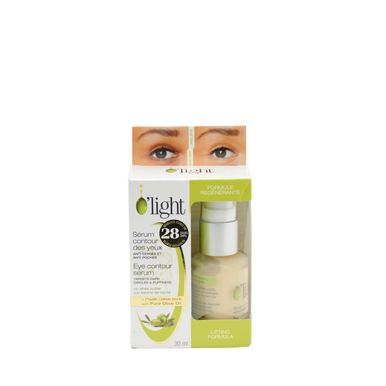 O LIGHT eye contour serum for dark circles boxed 30ml with bottle and before and after eye photos