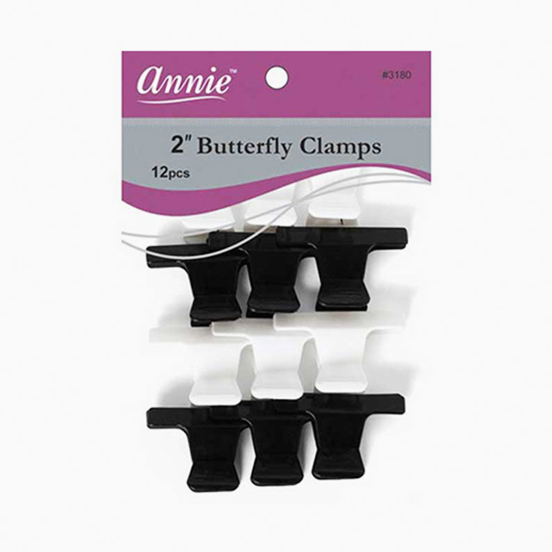 ANNIE 12 pack black and white 2 inch butterfly hair clamps on retail card for styling