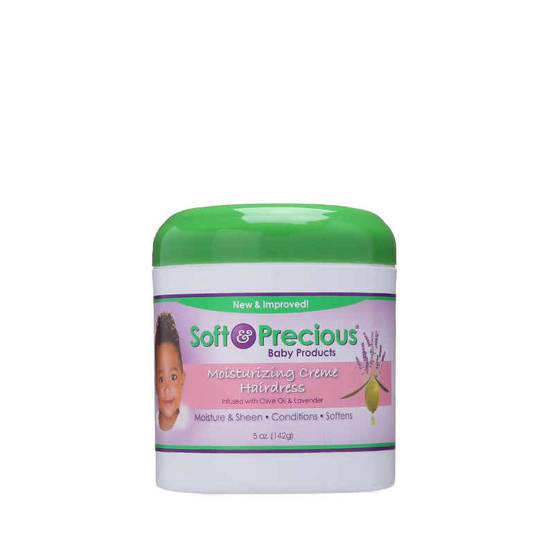 Soft and Precious baby moisturizing creme jar with green lid and lavender label soft and precious moisturizing hair cream