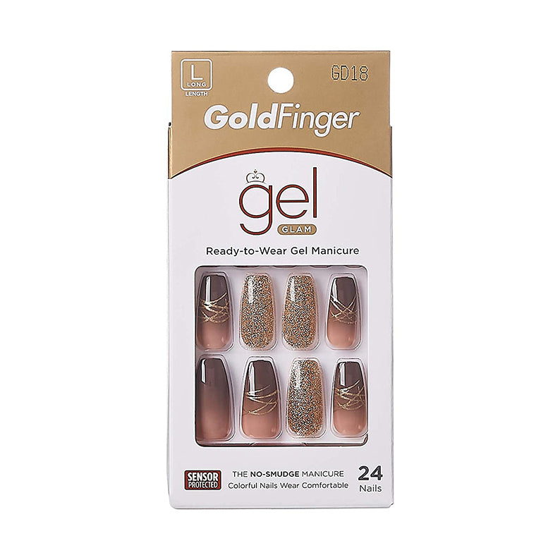 IVY BEAUTY by KISS GoldFinger gel manicure box showing brown ombre nails with gold glitter and lines gold finger press on nails
