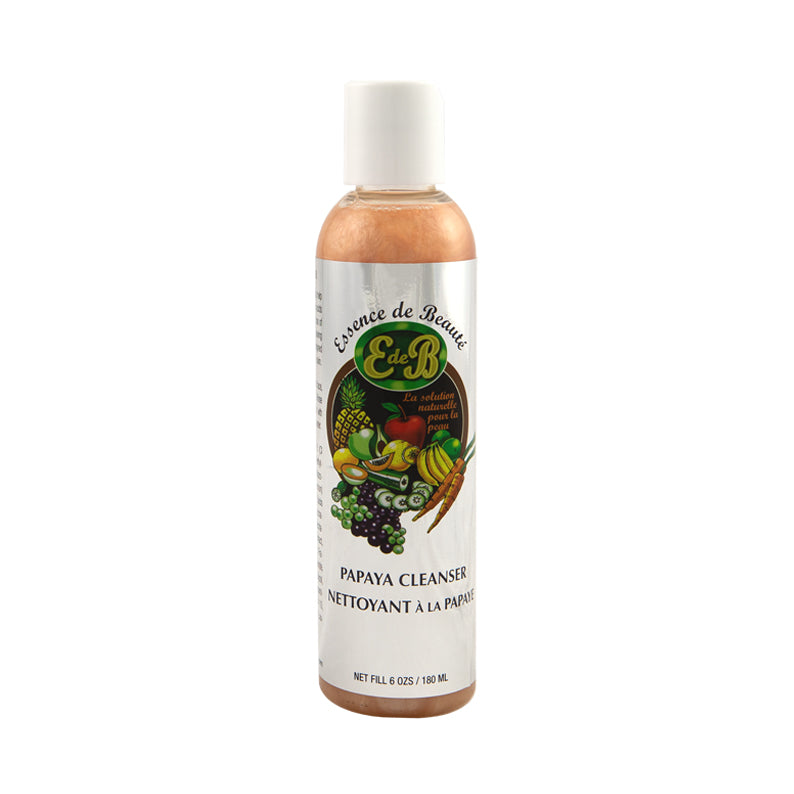 ESSENCE DE BEAUTE papaya cleanser for skin in clear plastic bottle with white cap and fruit label