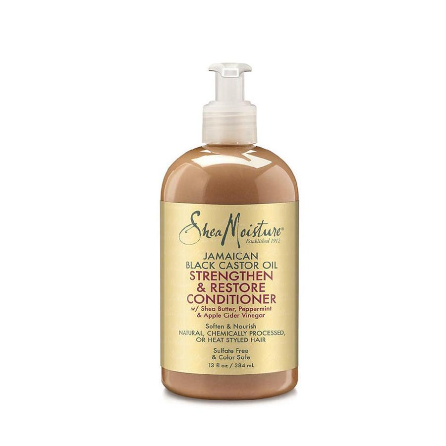 Shea Moisture Jamaican Black Castor Oil Conditioner pump bottle for strengthening and restoring natural or chemically processed hair