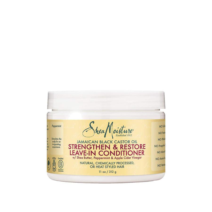 Shea Moisture Jamaican Black Castor Oil leave-in conditioner jar for strengthening and restoring natural hair