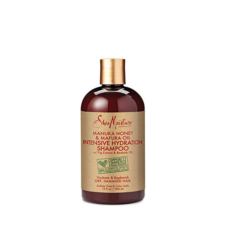 Shea Moisture Manuka Honey Shampoo brown bottle with gold cap for intensive hydration hair care
