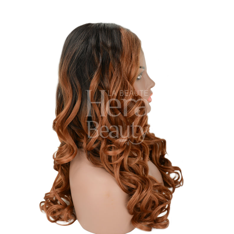 SENSATIONNEL Empress Shear Muse Kanesha lace front wig long ombre brown to copper curls on mannequin