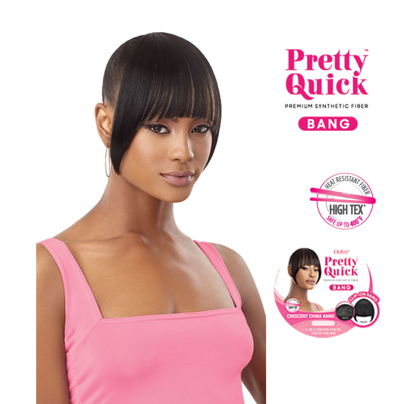 OUTRE crescent china bang wig in sleek black on model showing crescent chin length bangs and smooth finish