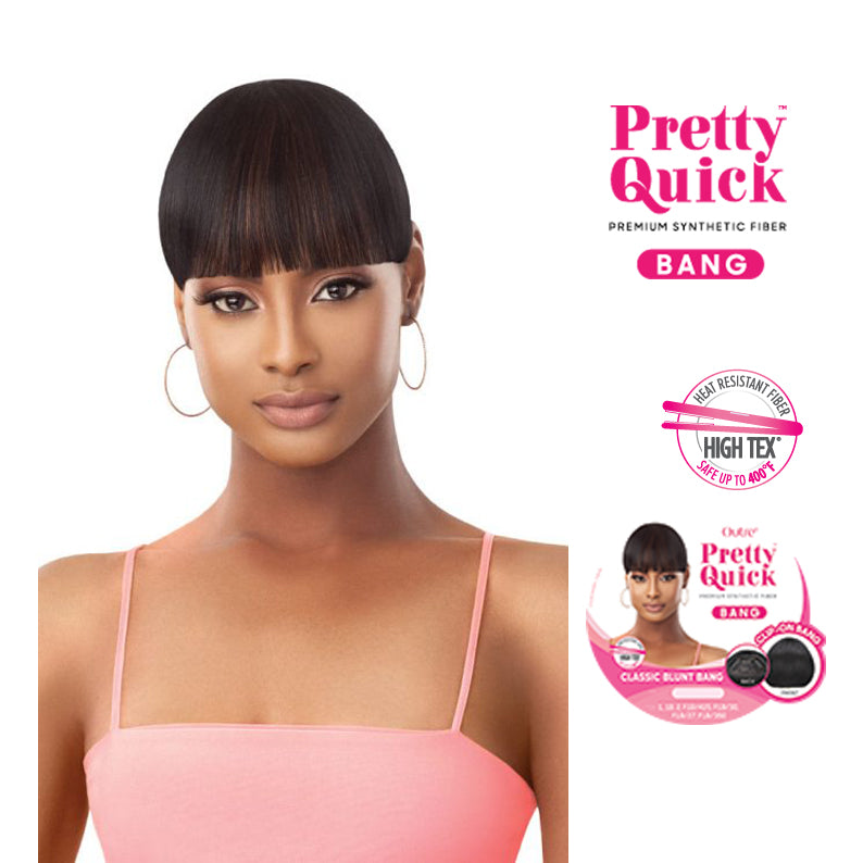 OUTRE Pretty Quick classic blunt bang wig in sleek dark brown on model showcasing straight fringe and smooth finish
