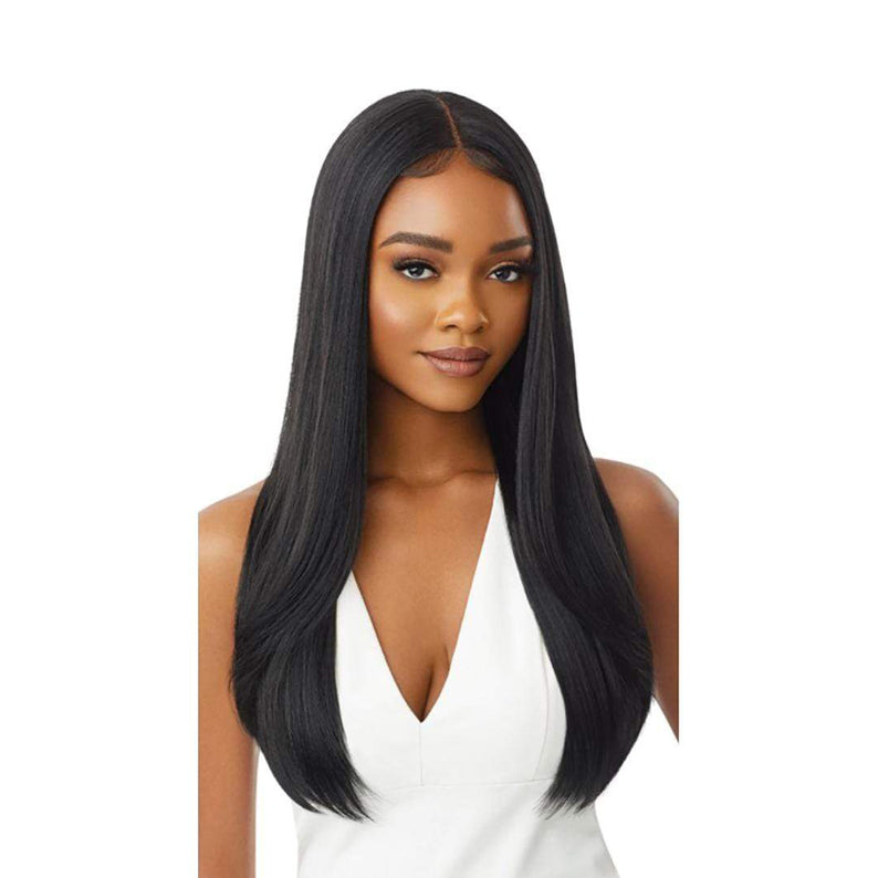 OUTRE synthetic lace front wig blonde shown as long sleek straight black center part wig on model