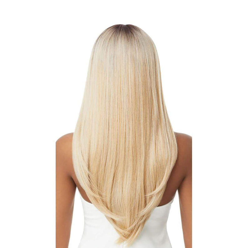 OUTRE synthetic lace front wig blonde long straight hair with natural darker roots and layered ends back view