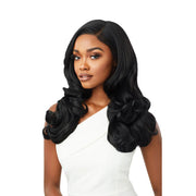 OUTRE long black wavy wig styled with a side part on a woman wearing a white dress