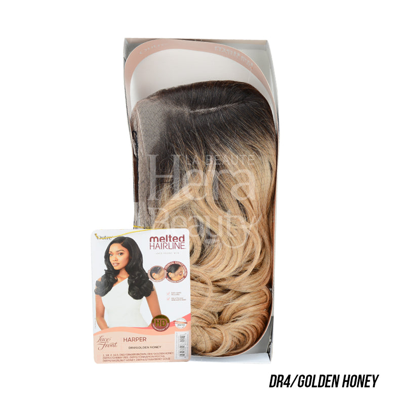 OUTRE Harper wig with melted hairline in DR4 Golden Honey color with loose curls in packaging