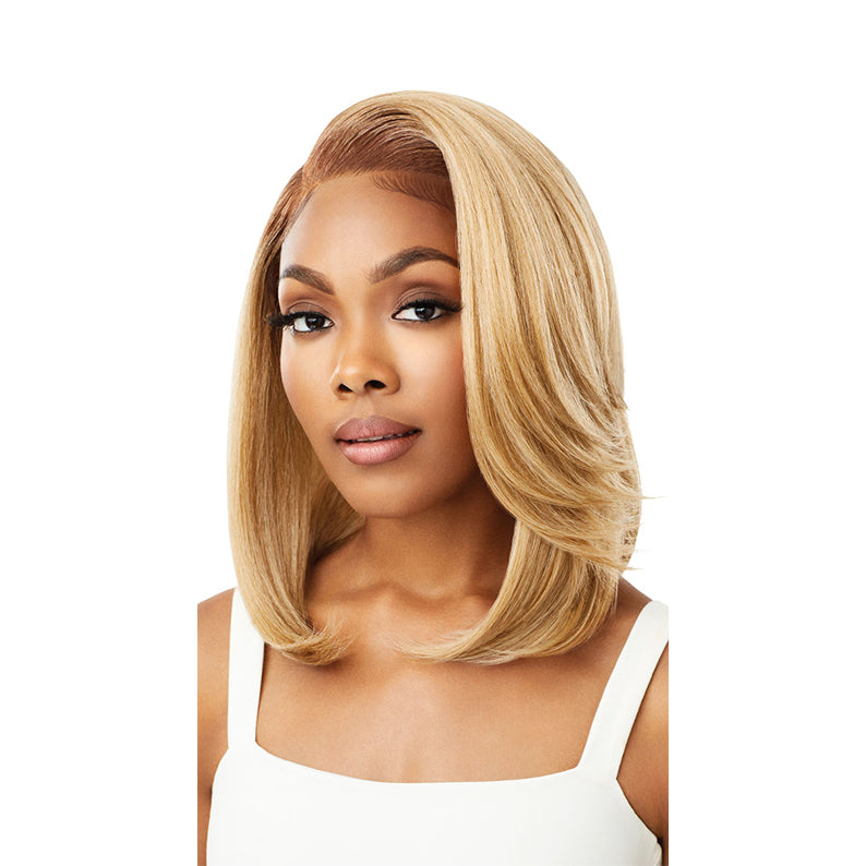 OUTRE 13x4 lace frontal wig honey blonde shoulder length bob with deep side part and smooth ends