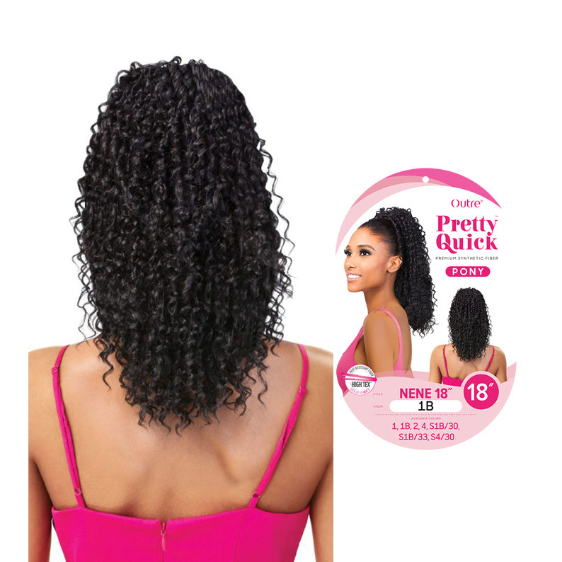 OUTRE Pretty Quick Nene 18 inch 1B curly ponytail hair extension on model shown from back