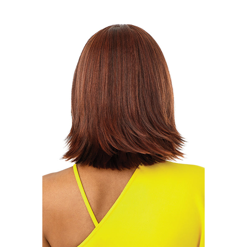 OUTRE synthetic lace front wig 12 inch in a straight chestnut brown style shown from the back