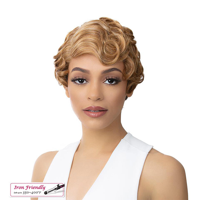 Short blonde finger wave hd lace front synthetic wig on model showcasing natural hairline and vintage waves