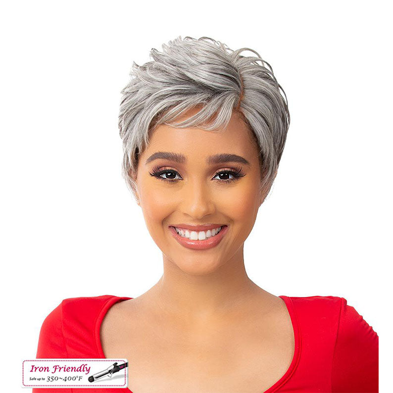 Short silver pixie premium synthetic wig for women on smiling model wearing red top iron friendly