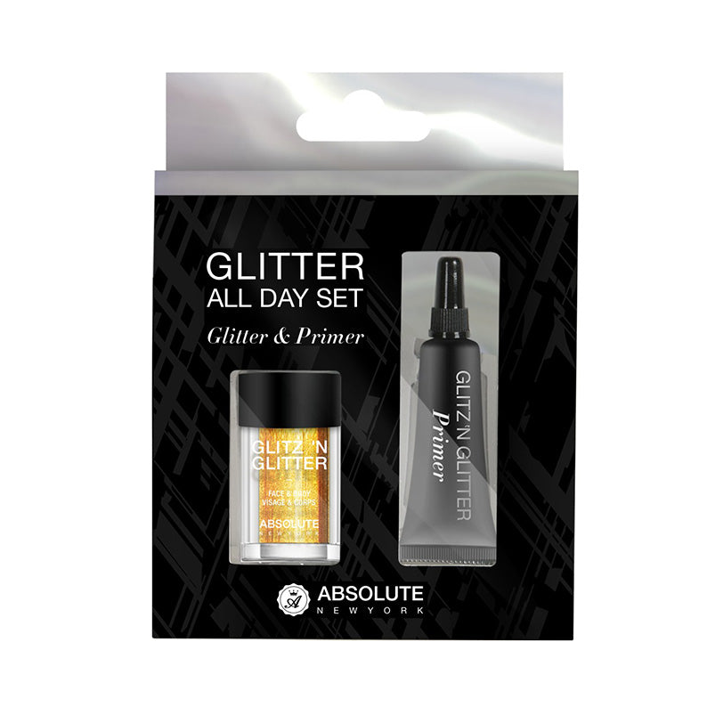 Absolute New York glitter makeup kit with gold glitter and primer for face and body