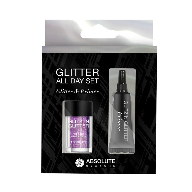 Absolute New York glitter makeup kit with purple glitter and primer for face and body