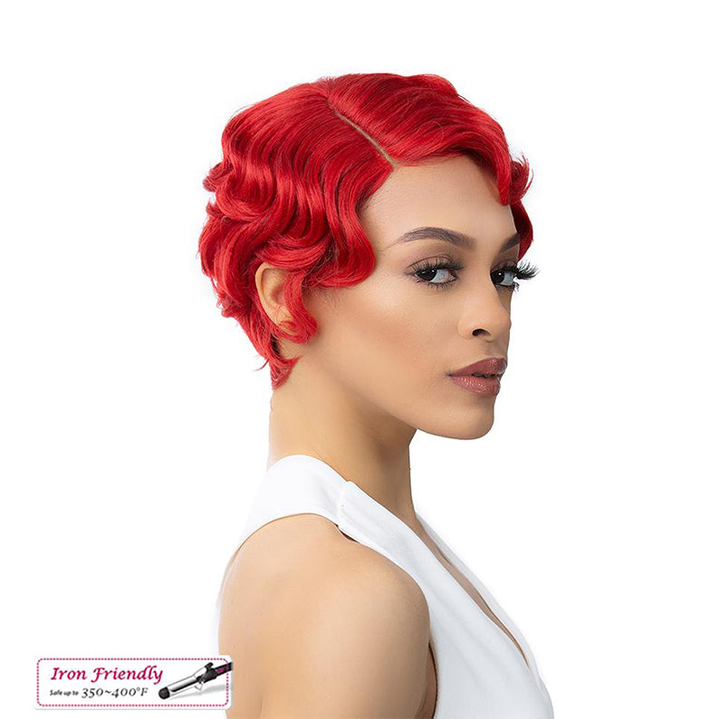 ITS A WIG red short finger wave hd lace front synthetic wig on model with deep side part and smooth finish