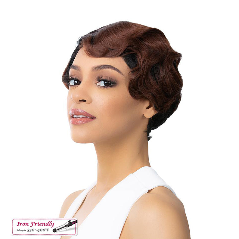 Short vintage finger wave brown hd lace front synthetic wig on model showing side profile and natural hairline