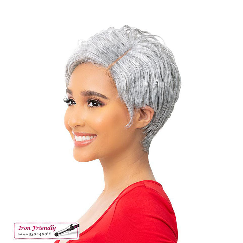 Smiling woman wearing a silver short pixie style premium synthetic wig for women with natural hairline