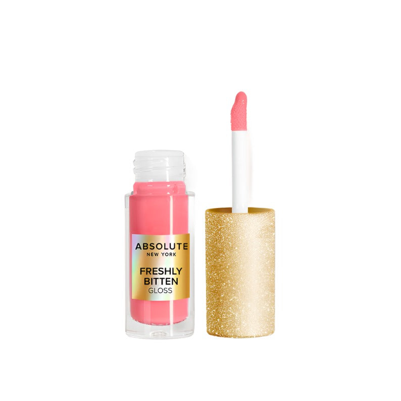 Absolute New York Freshly Bitten Gloss hydrating lip gloss in pink with gold glitter cap