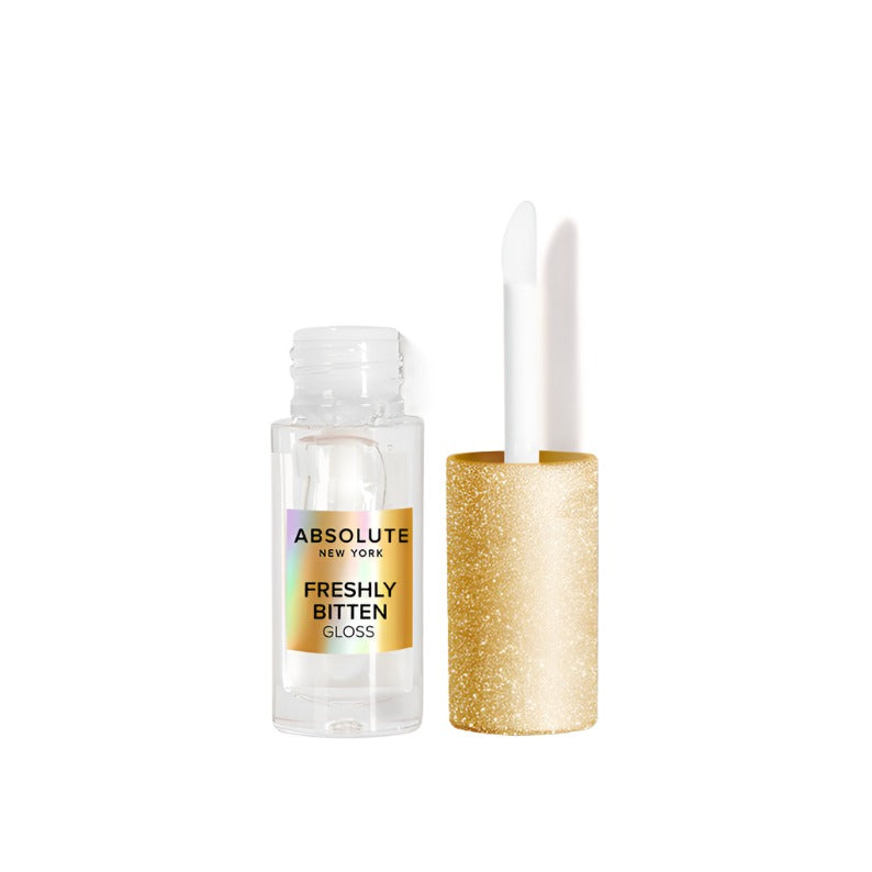Absolute New York Freshly Bitten hydrating lip gloss with clear tube and gold glitter cap