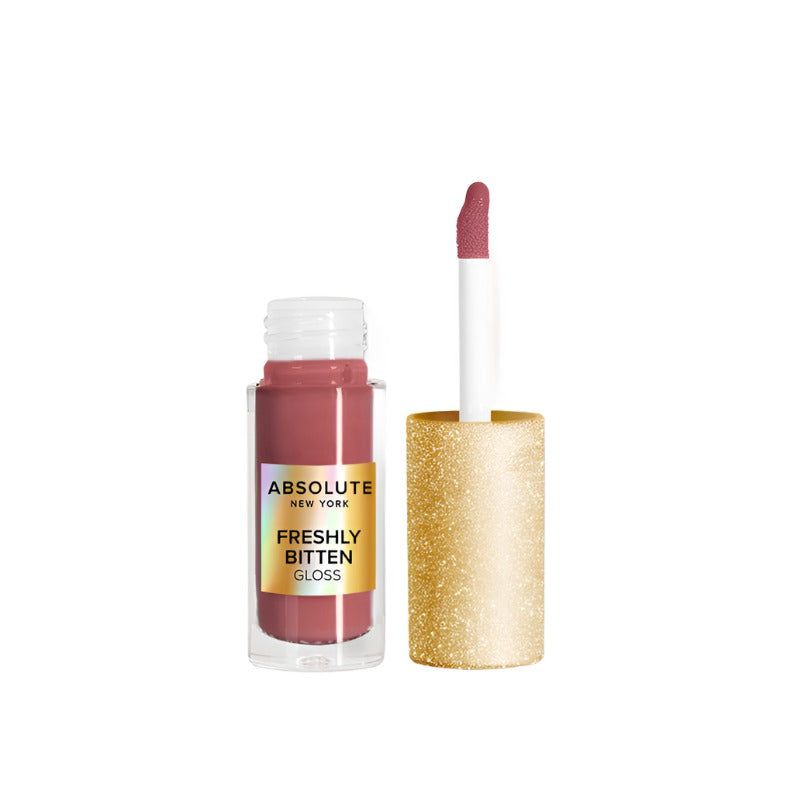 Absolute New York Freshly Bitten hydrating lip gloss in mauve shade with gold glitter cap