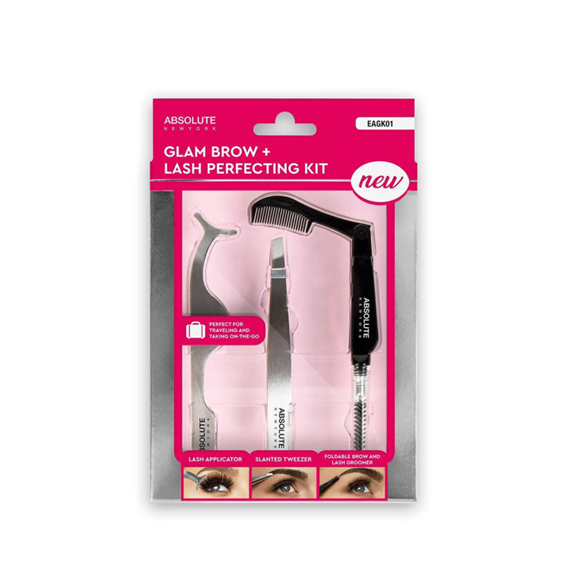 ABSOLUTE NEW YORK brow and lash perfecting kit with slanted tweezers foldable groomer and lash applicator