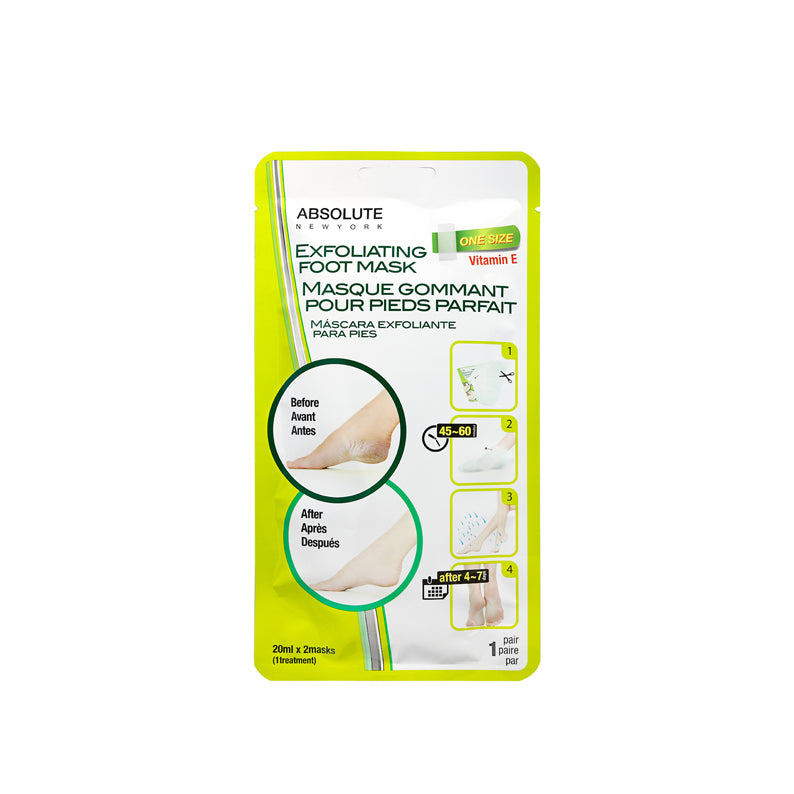 Absolute New York exfoliating foot mask sachet with Vitamin E pair showing before and after images of smooth heels