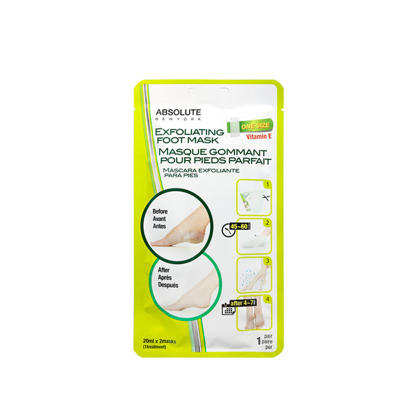 Absolute New York exfoliating foot mask sachet with Vitamin E pair showing before and after images of smooth heels